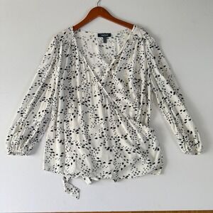 ModCloth Womens Wrap Blouse Paw Print Long Sleeve Tie Waist Size 2X White‎